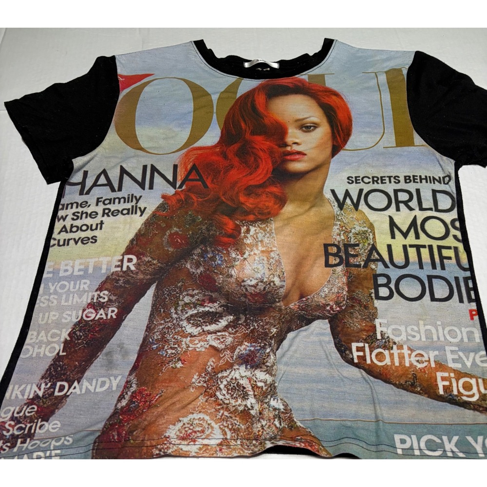 King Rihanna Vogue Magazine Cover Graphic T-Shirt Black Short Sleeve Womens